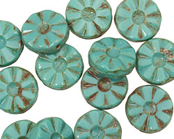 Czech Glass Turquoise Picasso Flower Window Coin 12mm