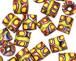 African Trade Bead (yellow, blue, red w/ chartreuse) Barrel 10-11x11mm
