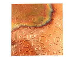 Lillypilly Flamed Scrolling Vine Embossed Patina Copper Sheet 3"x3", 36 gauge