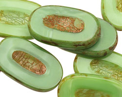 Czech Glass Apple Green Picasso Carved Oval 26x15mm