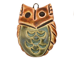 Earthenwood Studio Ceramic Round Owl Pendant w/ Leaf Belly 25x35mm