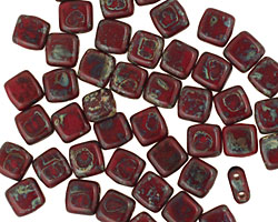 Czech Glass Opaque Red Picasso 2-Hole Tile 6mm