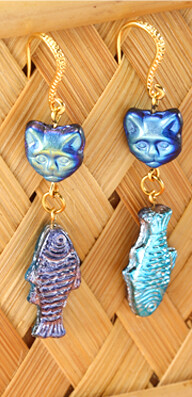 Czech glass cat and fish earrings