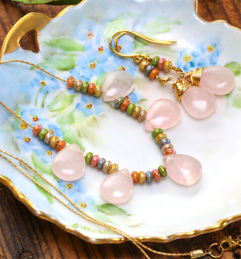 Gemstone Puff Teardrop Necklace & Earring Set