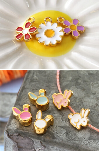 24K Gold (plated) enamel flowers and bunnies