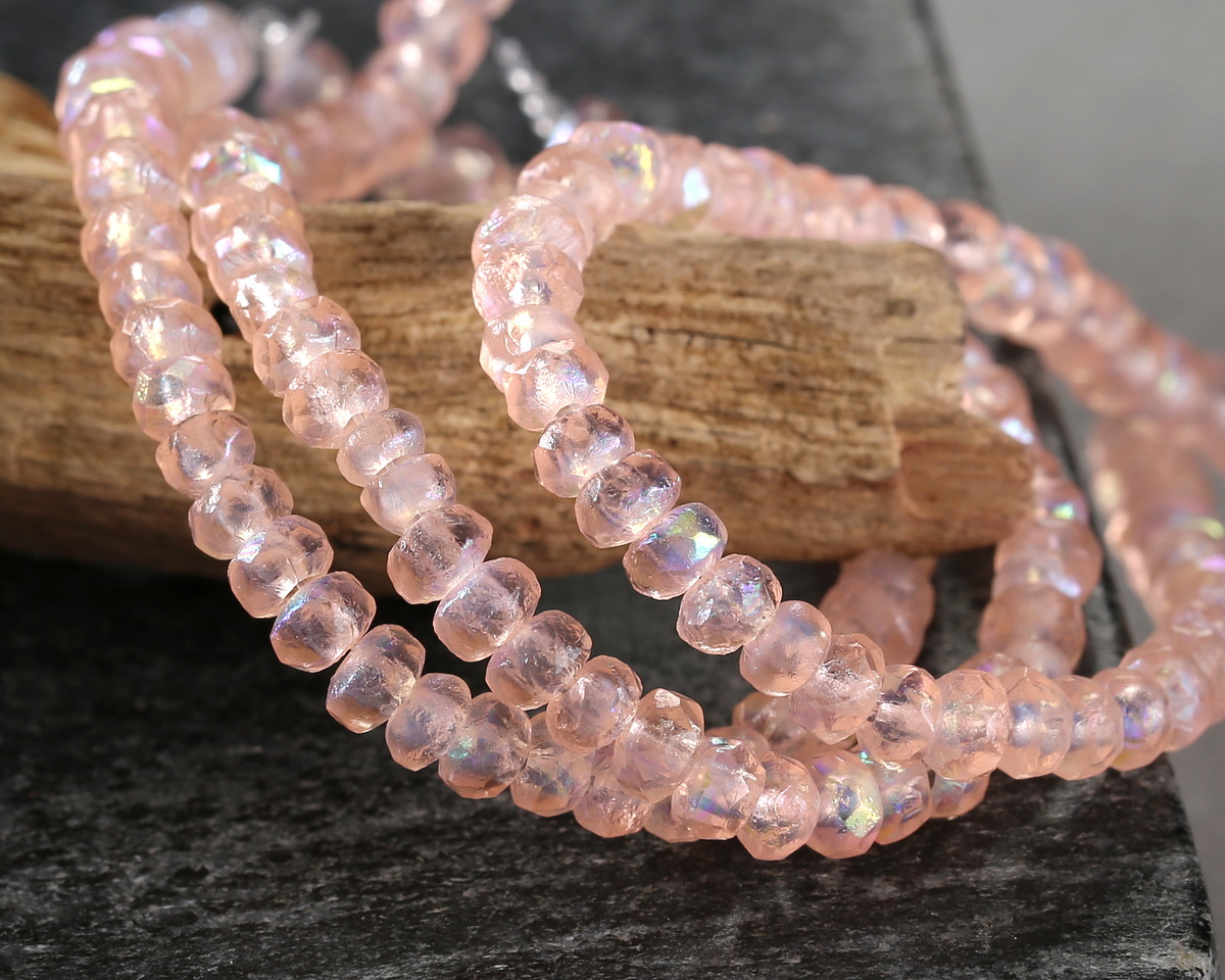 25pcs 10x10mm Czech Glass Heart Beads – Rosaline AB, Pressed, Transparent