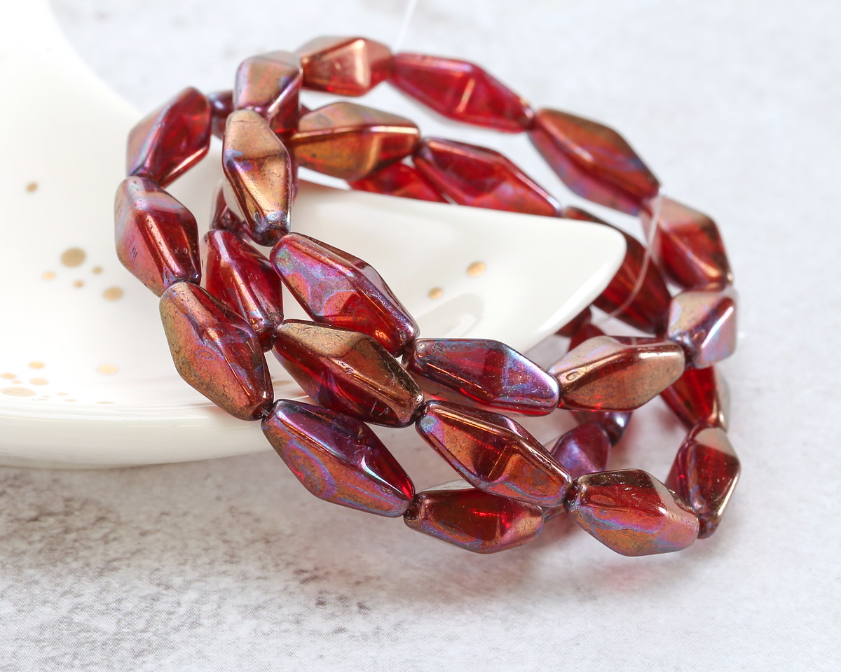 Czech Glass Ruby Red w/ Iris Wash Rhombus 14x7mm