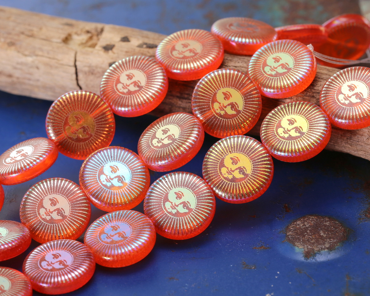 Czech Glass Laser Etched Sun Face on Tangerine AB Coin 14mm