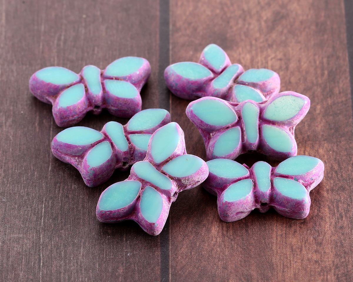 Czech Glass Turquoise w/ Matte Pink Butterfly 11x20mm