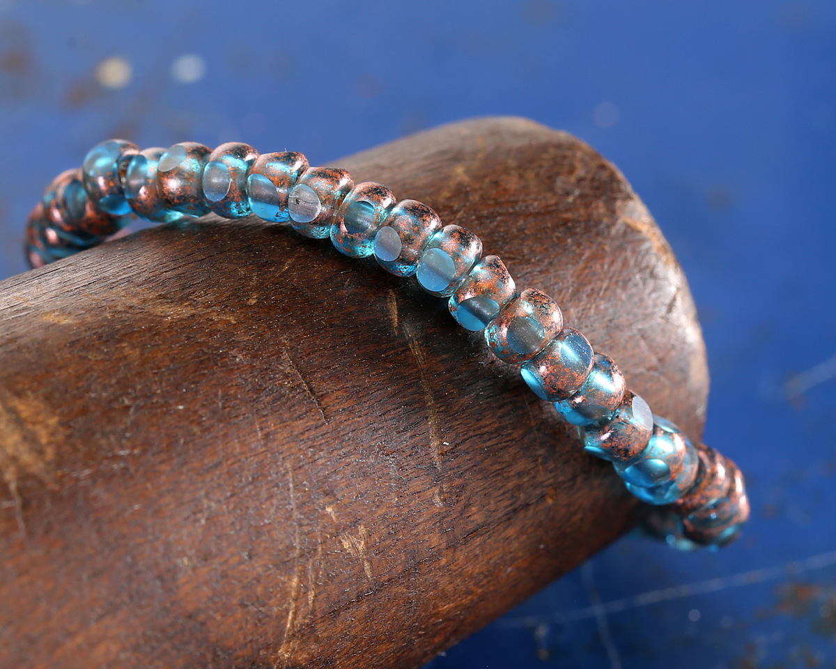Czech Glass Matte Capri Blue w/ Antique Copper Trica Beads 3x4mm