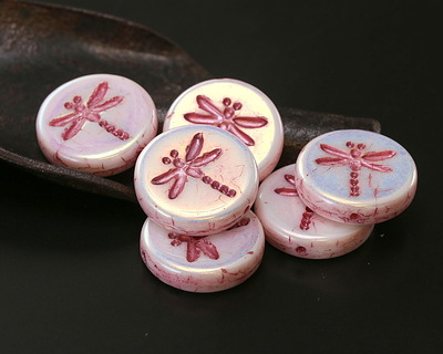 Czech Glass White AB w/ Metallic Pink Dragonfly Coin 17mm