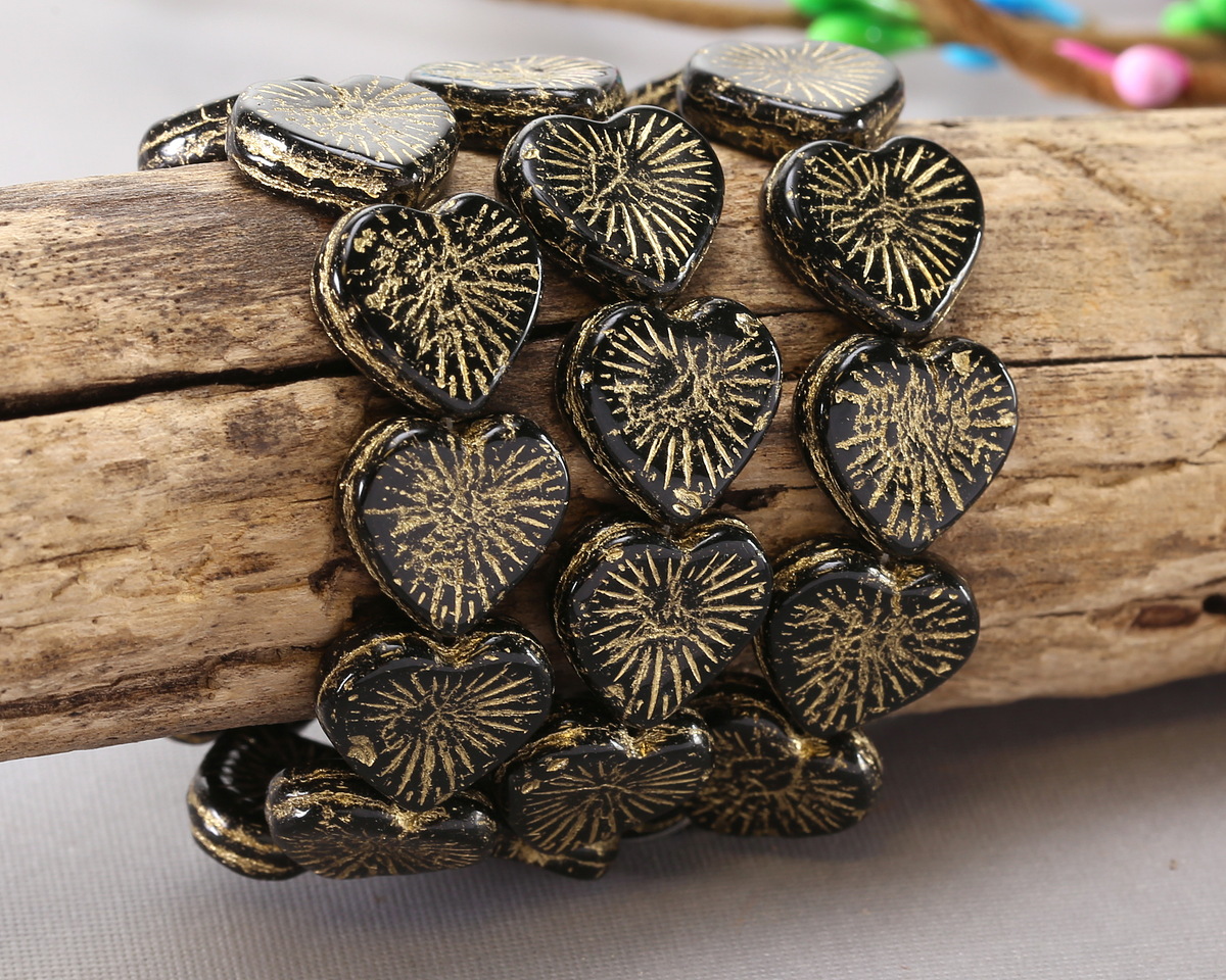 Czech Glass Jet w/ Gold Wash Starburst Heart 14mm