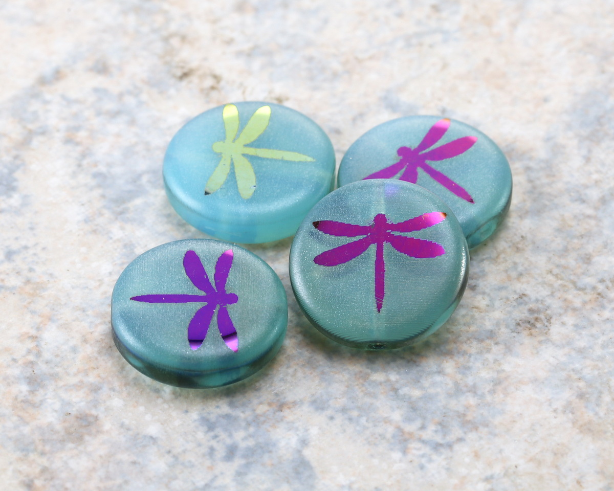 Czech Glass Laser Etched Dragonfly Matte Aqua Blue Opal w/ Rainbow Finish Coin 14mm