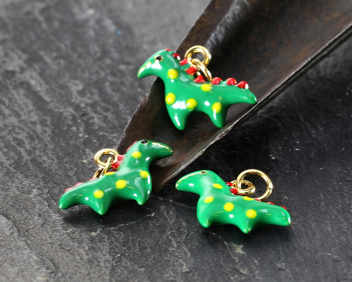 18k Gold (plated) Green Enamel Cute Stegosaurus Dinosaur Focal 18.5x12mm