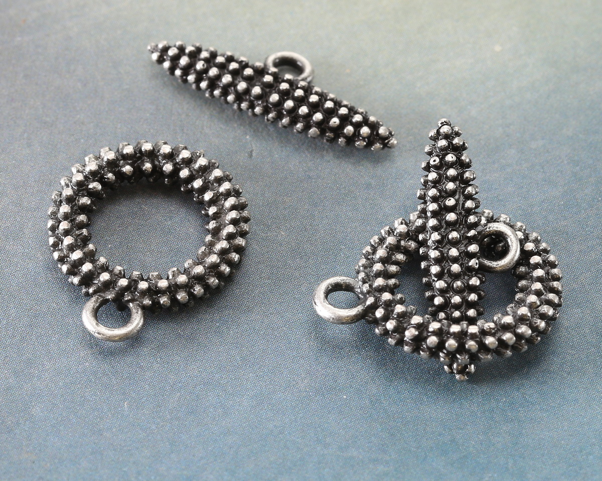 Antique Silver Finish Beaded Toggle Clasp 19x16mm, 20mm Bar