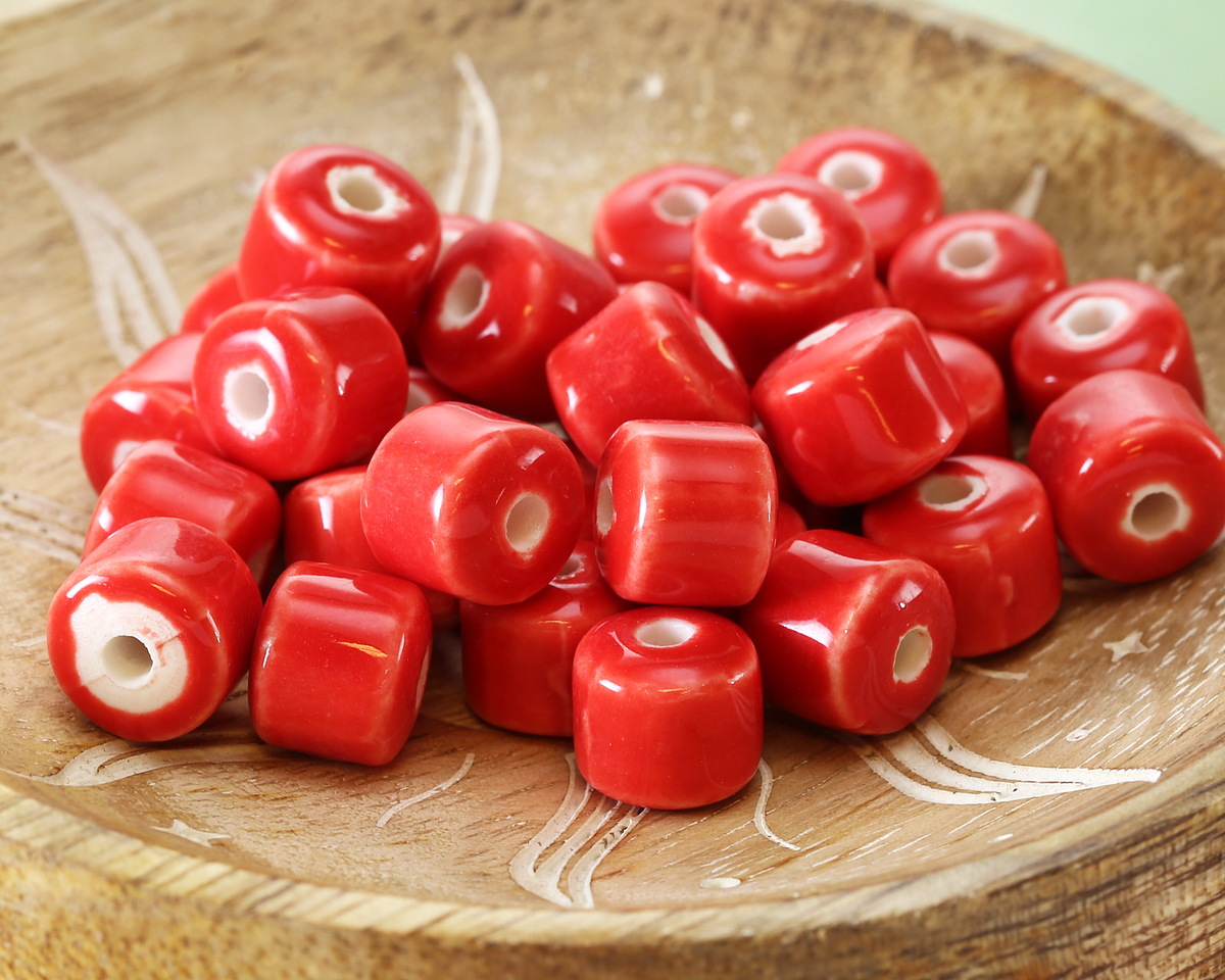 Coral Red Porcelain Barrel 9x10mm