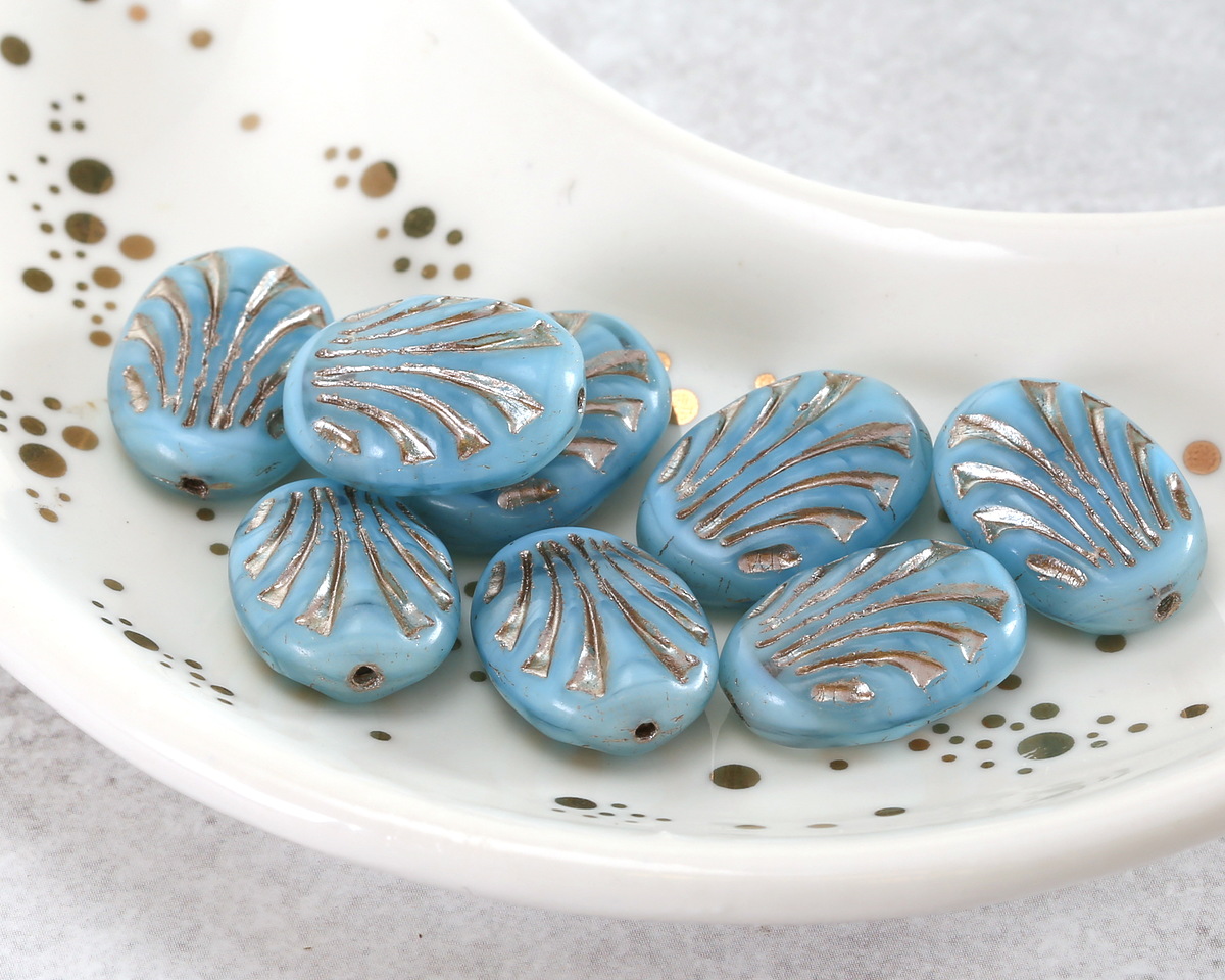 Czech Glass Blue Opal Swirl w/ Platinum Fan Oval 17x12mm