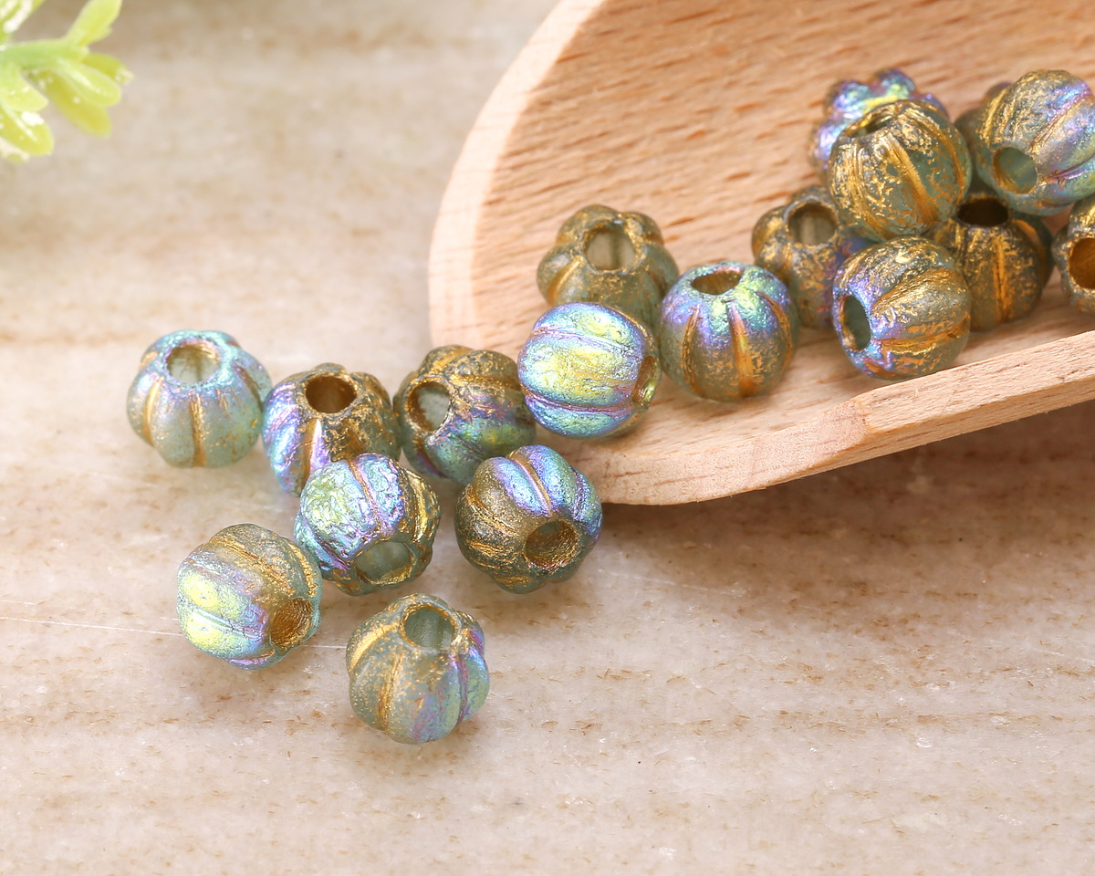 Czech Glass Textured Aquamarine AB w/ Gold Large Hole Melon Round 8mm