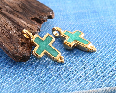 24K Gold (plated) Emerald Pearl Enamel Cross Focal 9x17mm