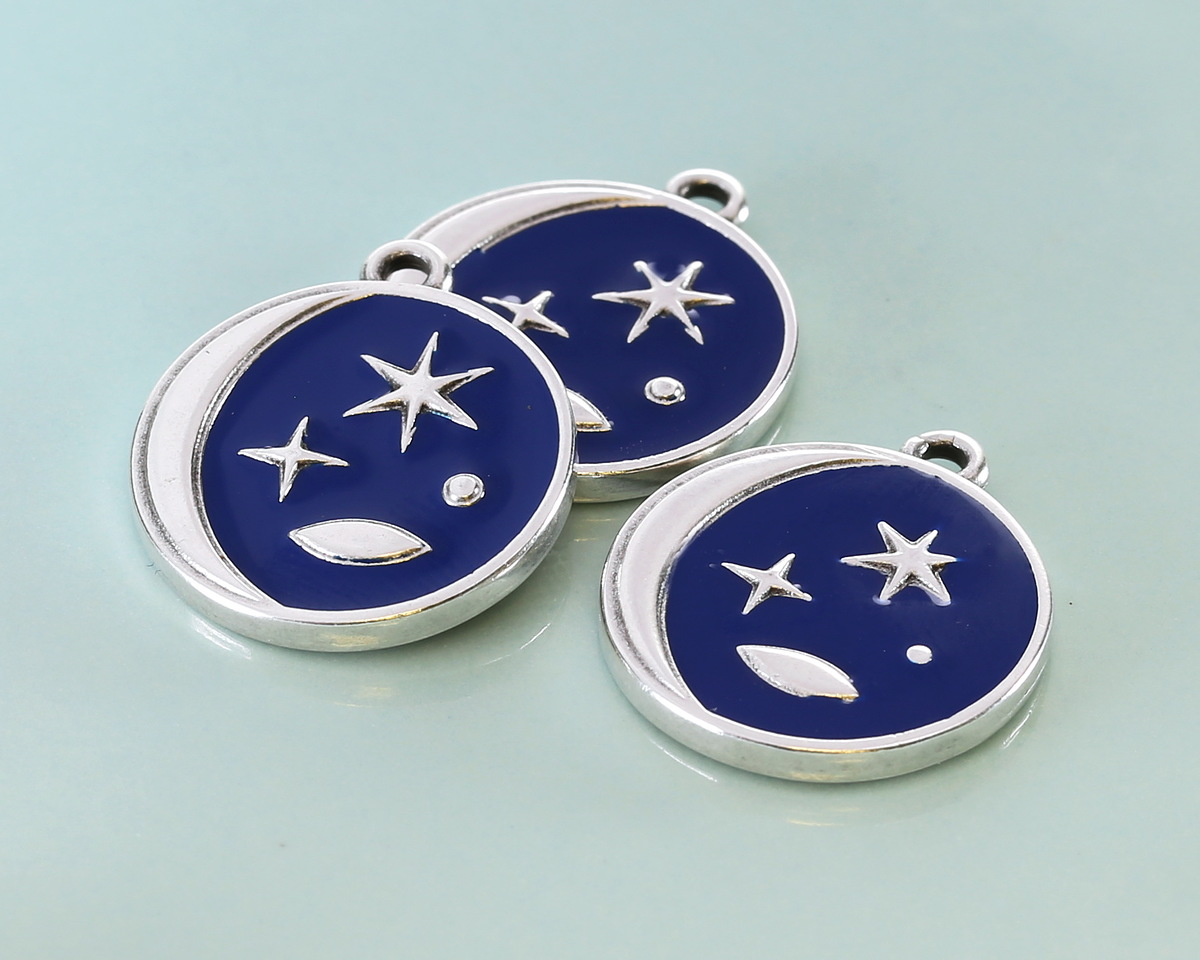Antique Silver (plated) Cobalt Enamel Celestial Scene Coin Focal 18x20mm