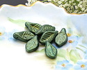 Czech Glass Metallic Green w/ Gold Leaf Drop 6x12mm