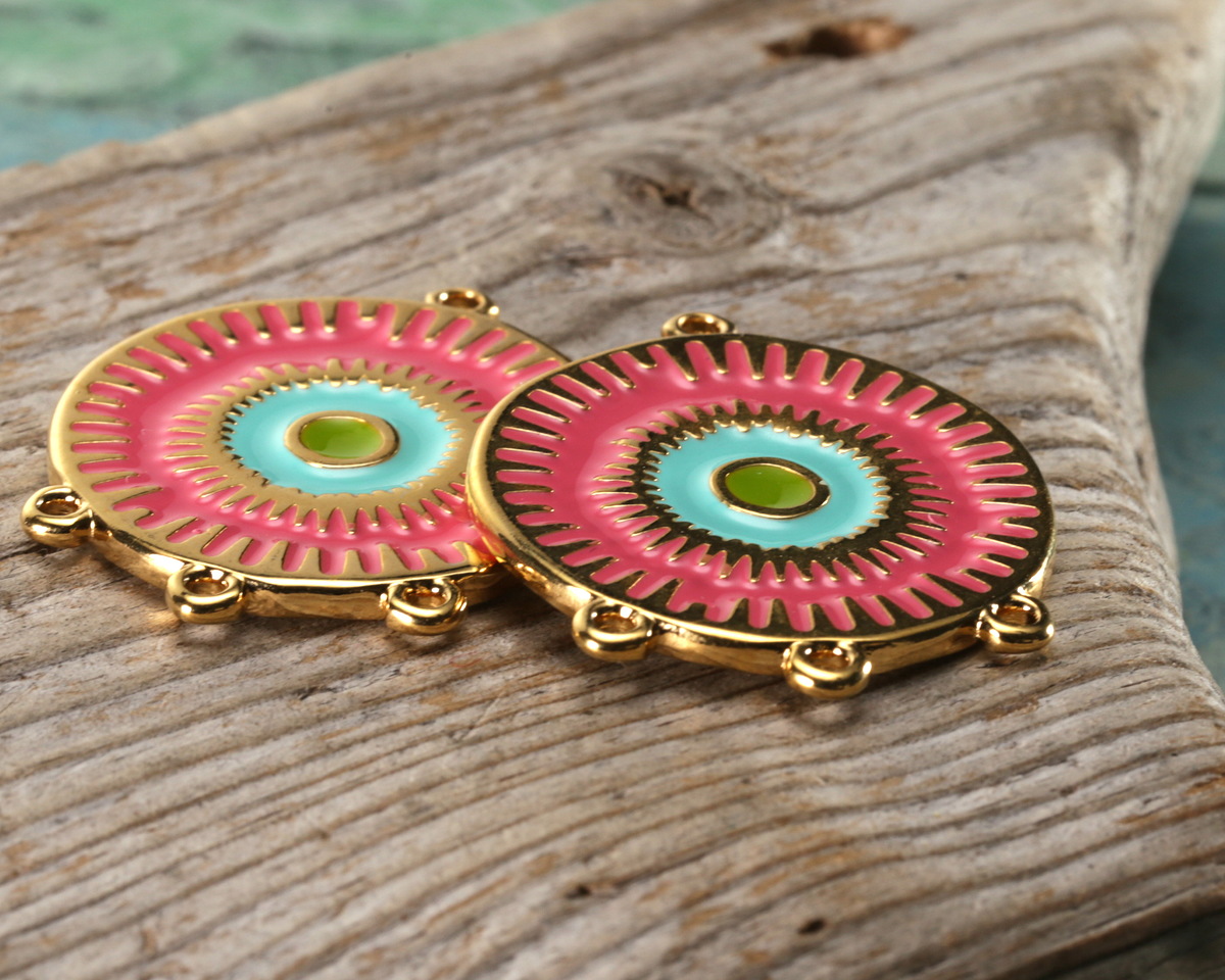 24K Gold (plated) Pink, Turquoise & Lime Enamel Radiating Sun 1-3 Chandelier Focal Link 26x32mm