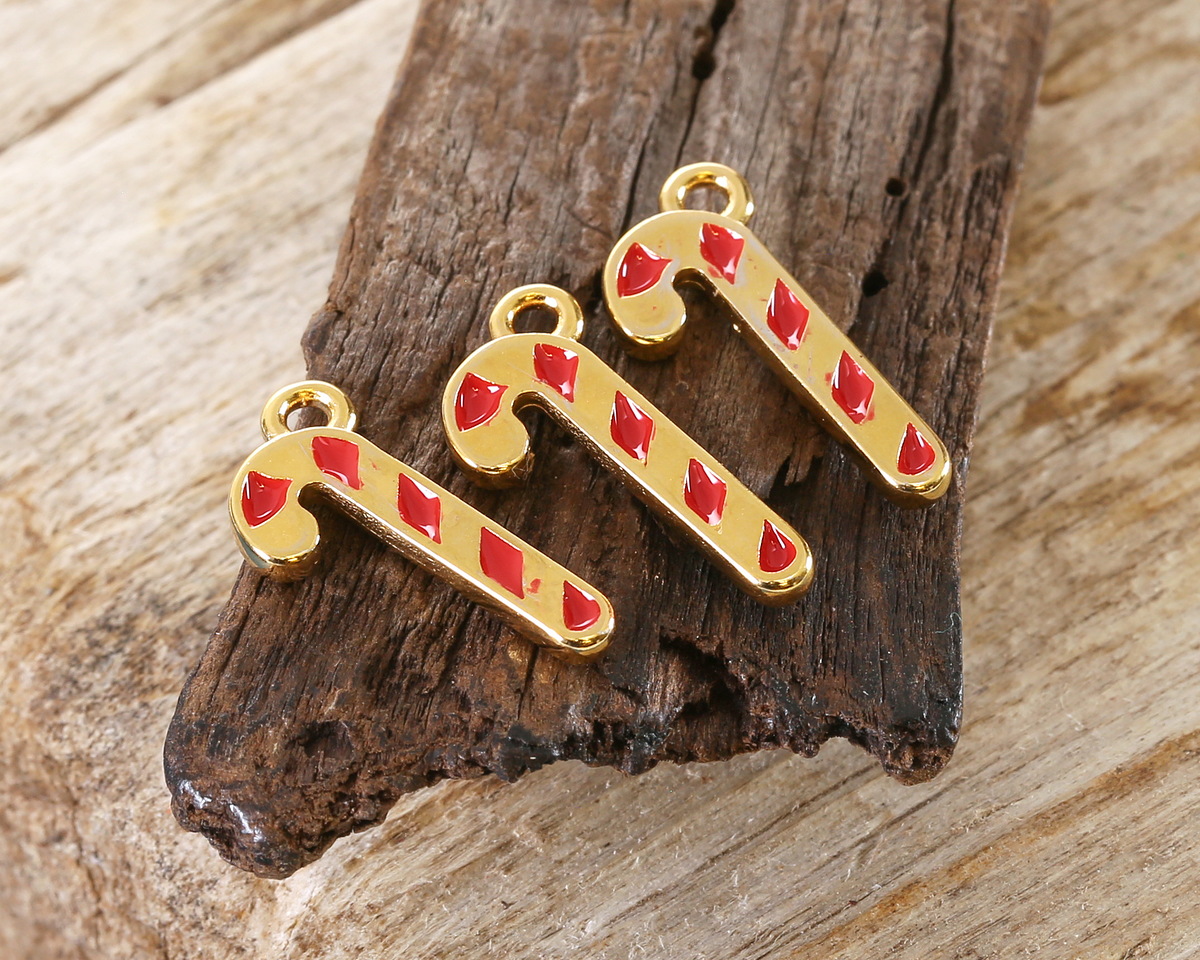 24K Gold (plated) Enamel Candy Cane Focal 8x17.5mm