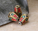 Nepalese Brass w/ Turquoise & Coral Mosaic Plumes Drop 12x8mm