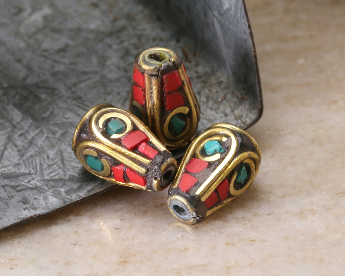 Nepalese Brass w/ Turquoise & Coral Mosaic Plumes Drop 12x8mm