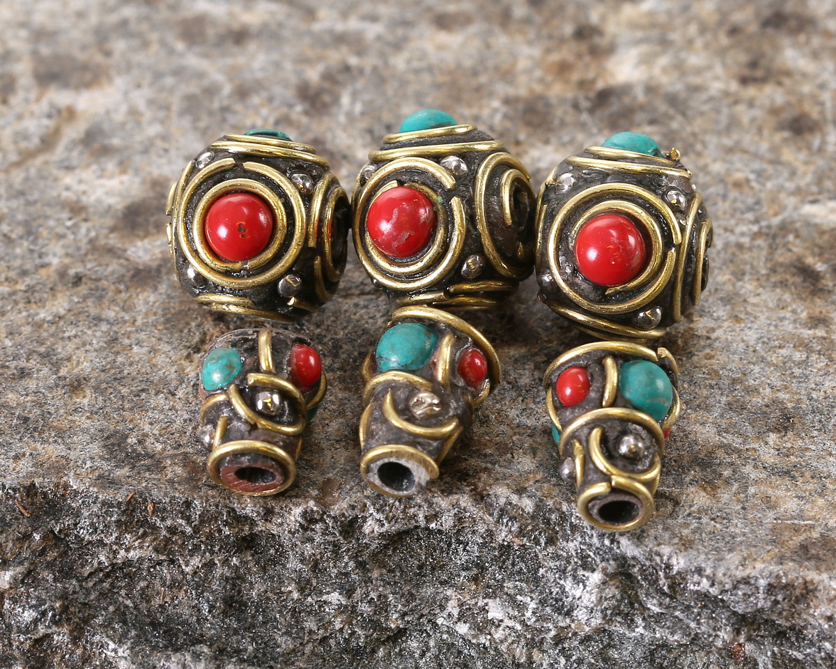 Nepalese Brass w/ Turquoise & Coral Guru Bead 10x21mm