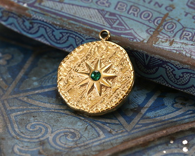 14K Gold (plated) Stainless Steel Star w/ Emerald Crystal Coin Focal 16.5x19mm