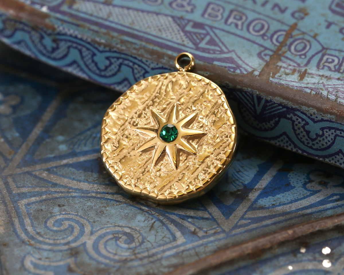 14K Gold (plated) Stainless Steel Star w/ Emerald Crystal Coin Focal 16.5x19mm