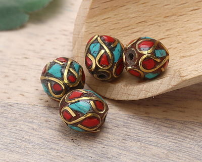 Nepalese Brass Infinity w/ Coral & Turquoise Mosaic Round Bead 10mm