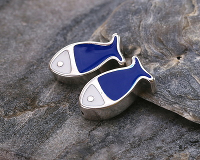 Antique Silver(plated) White & Cobalt Enamel Fish Bead 15x7mm