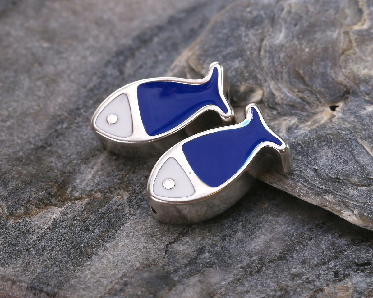 Antique Silver(plated) White & Cobalt Enamel Fish Bead 15x7mm