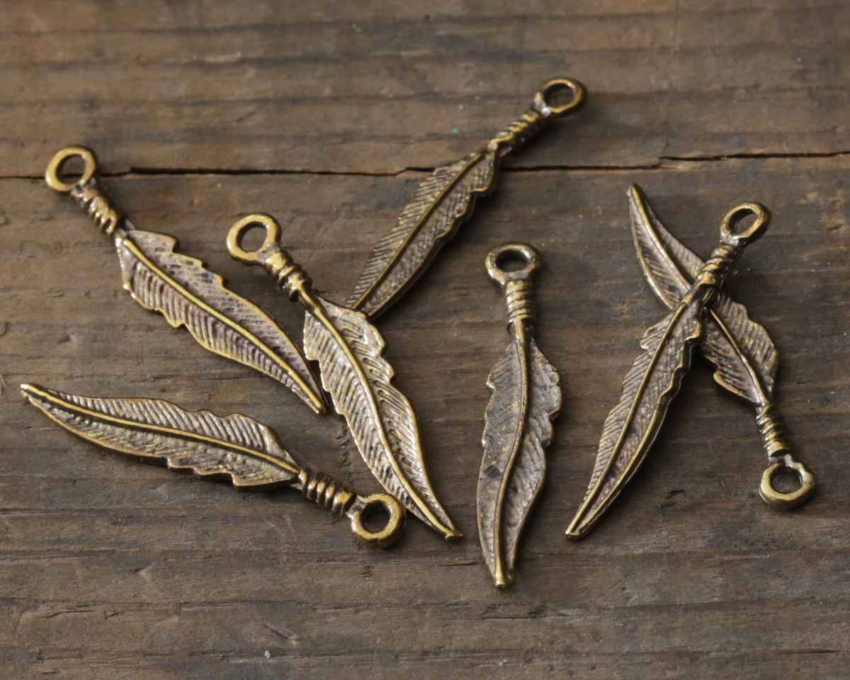 thumbnail interactive-video image 1 of 25-Piece Antique Copper Plated Feather Charm Dangle Beads – 18x4 Mm Brass Stamped Findings For Jewelry Making 1 of 3