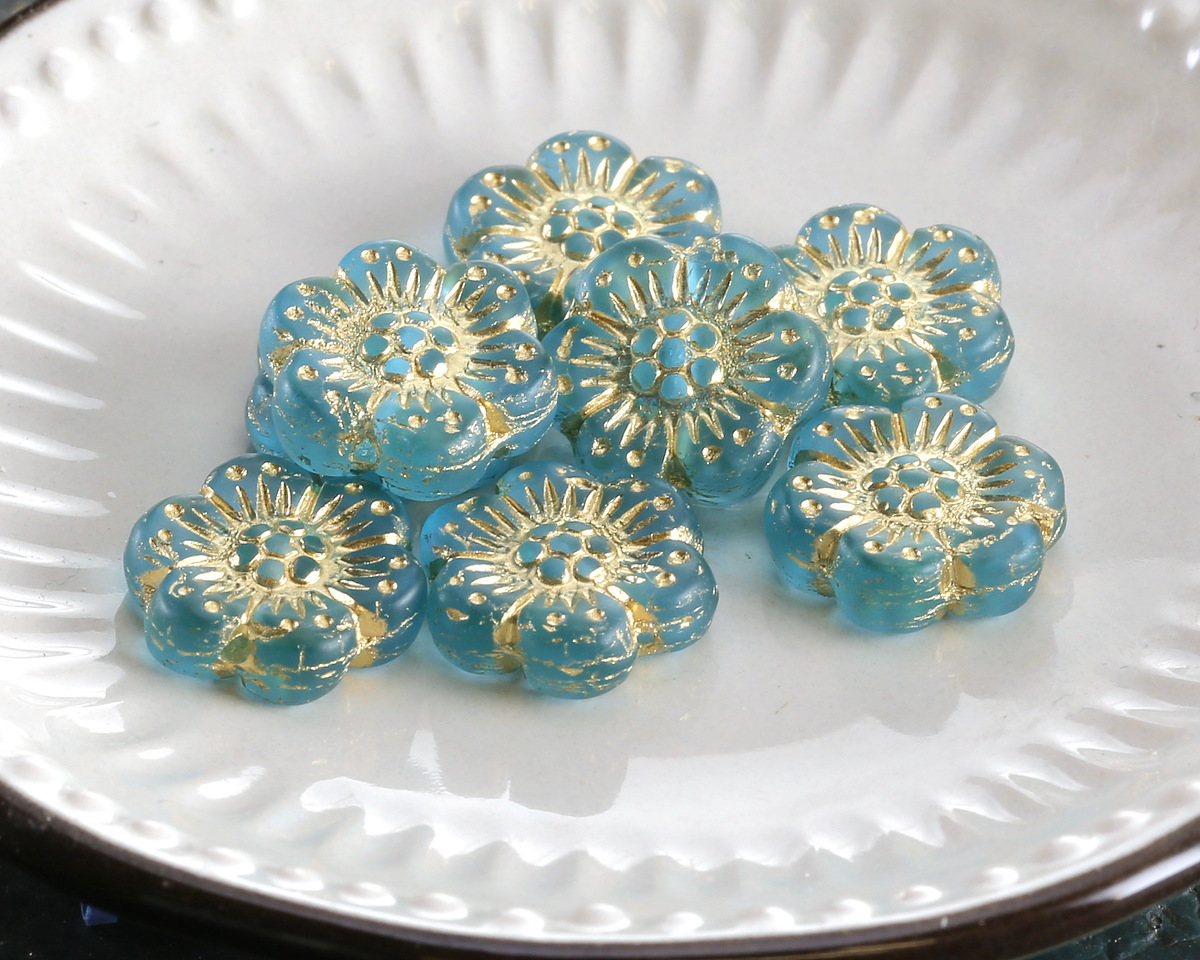 Czech Glass Matte Aquamarine w/ Gold Wild Rose Coin 13mm