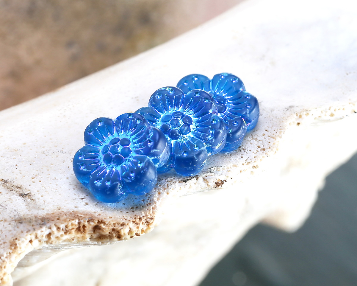 Czech Glass Matte Capri Blue AB Wild Rose Coin 14mm