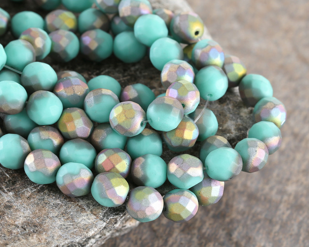 Czech Glass Matte Turquoise AB Fire Polished Round 8mm