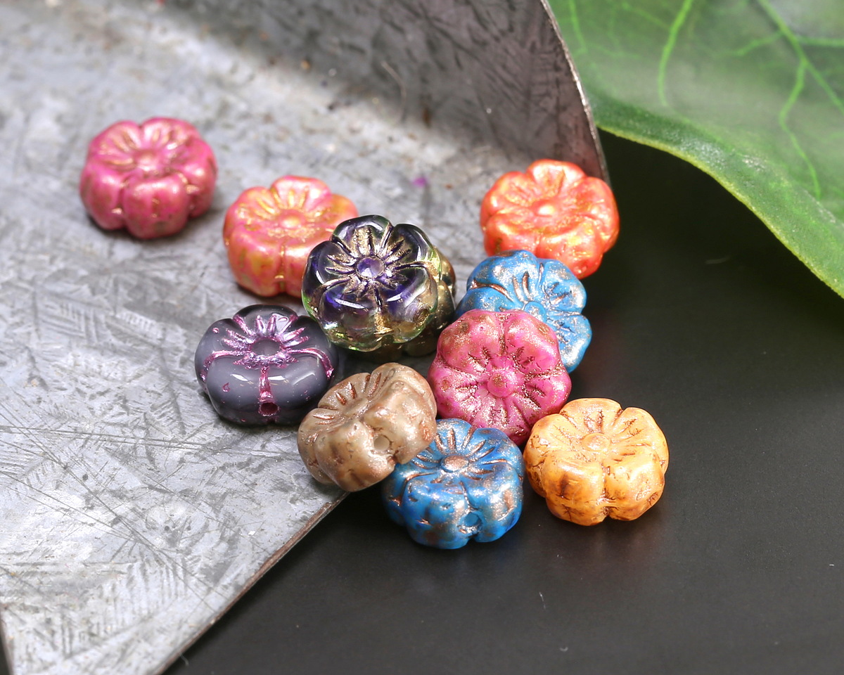 Czech Glass Rainbow Mix Hibiscus Coin 8mm