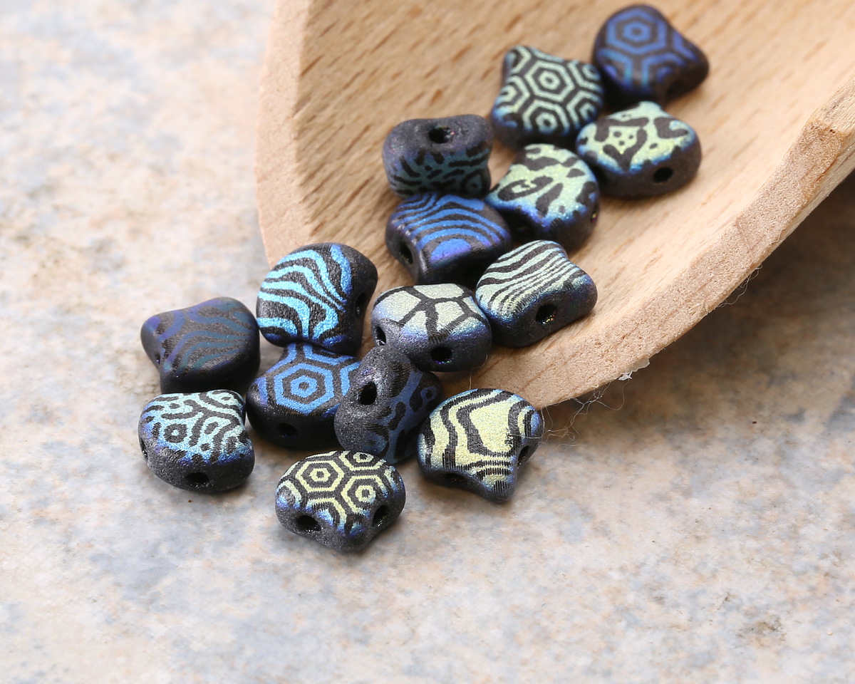 Czech Glass Laser Etched Mixed Designs on Matte Jet AB 2-Hole Ginkgo Leaf 7.5mm