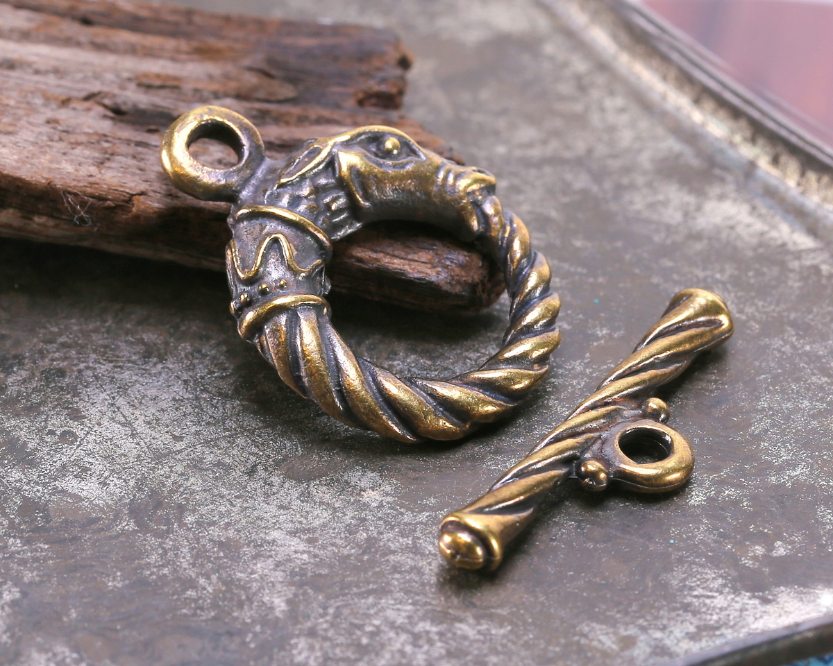 Mykonos Antique Brass (plated) Dragon Toggle Clasp 21x28mm, 32mm Bar