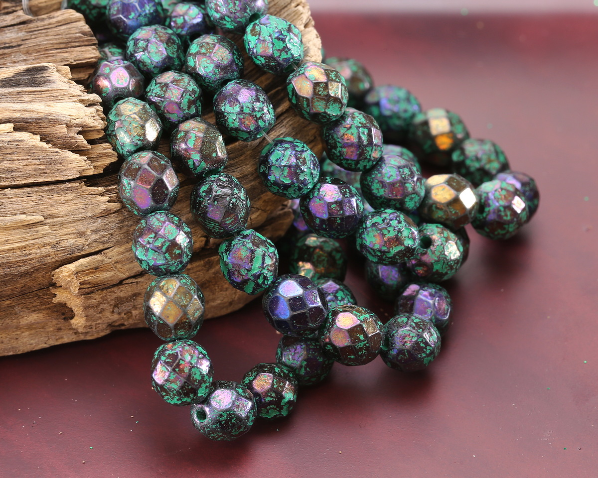 Czech Glass Textured Iris on Jet w/ Green Wash Fire Polished Round 8mm