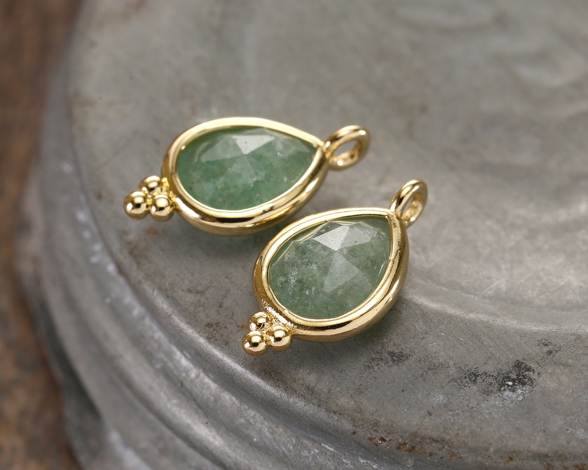Green Strawberry Quartz w/ Gold Finish Faceted Teardrop Focal 10x12mm