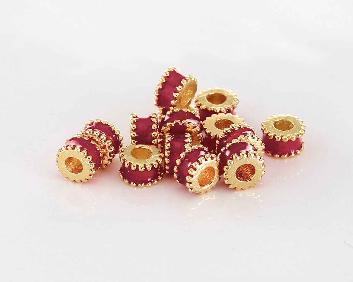 Ruby Red Enamel & 24K Gold (plated) Large Hole Small Spacer 2.5x4mm