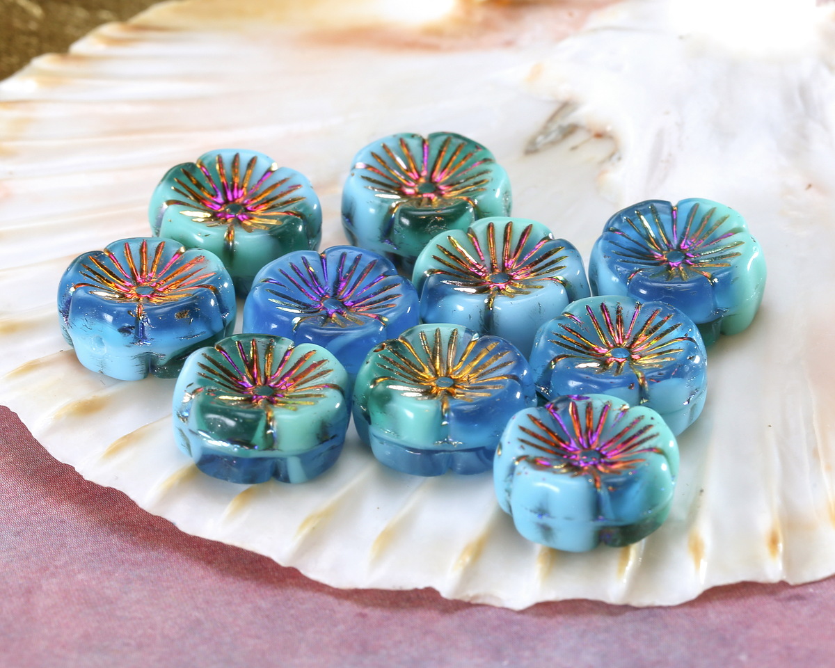 Czech Glass Aquamarine Waters w/ Rainbow Metallic Hibiscus Coin 14mm