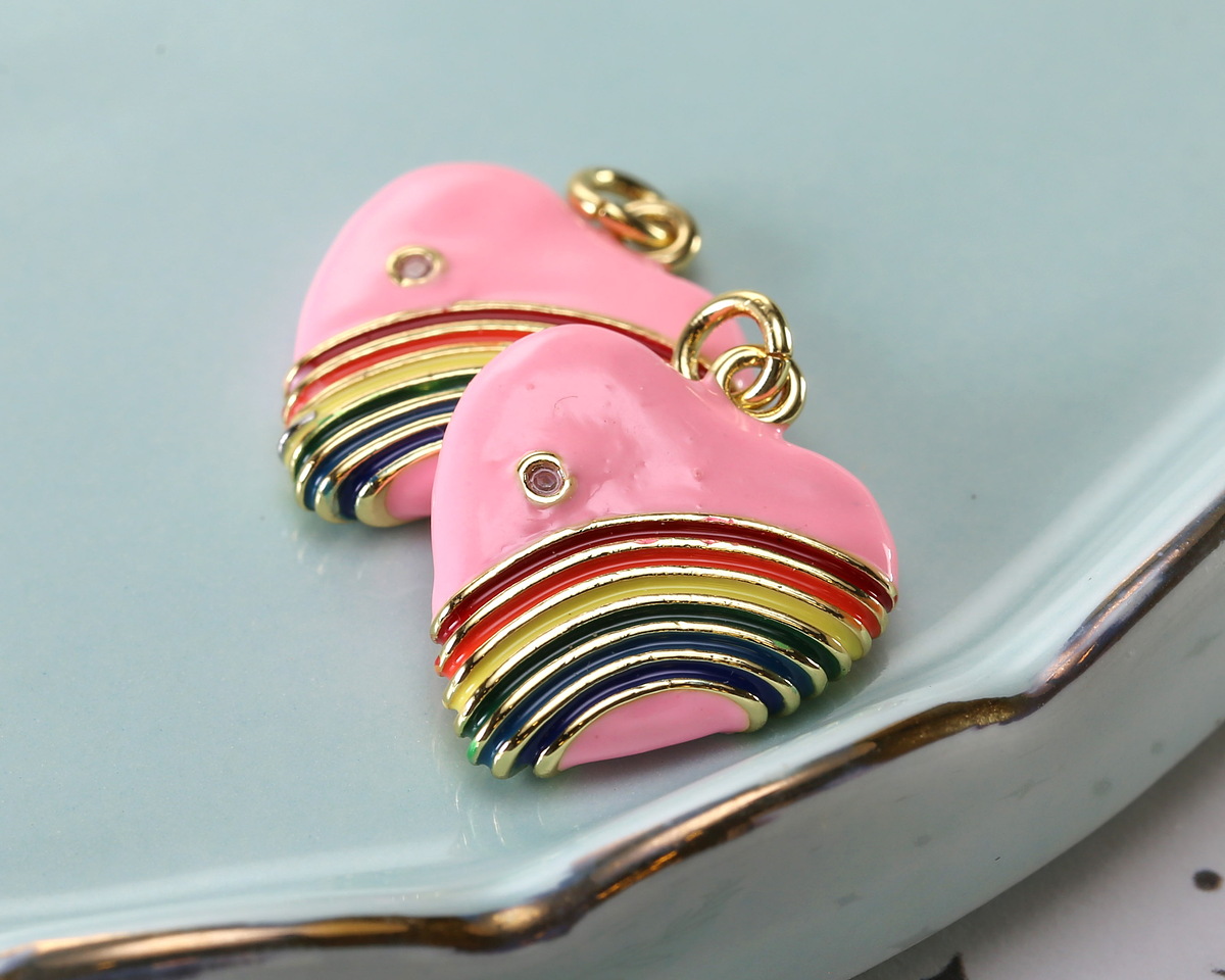 Rose Enamel w/ Rainbow & Gold Finish Heart Pendant 18x20mm