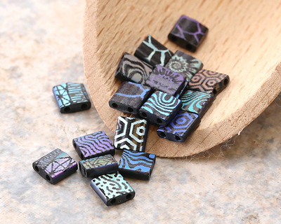 Czech Glass Laser Etched Mixed Designs on Matte Jet AB 2-Hole Tila 5mm