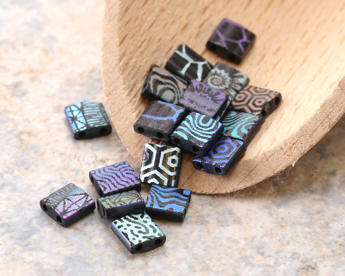 Czech Glass Laser Etched Mixed Designs on Matte Jet AB 2-Hole Tila 5mm