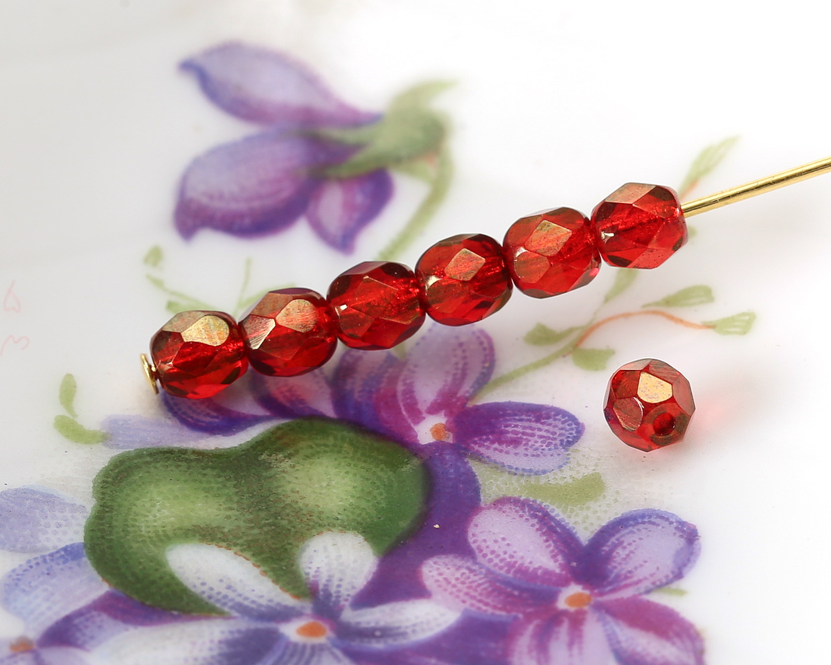 Czech Glass Ruby Red w/ Gold Fire Polished Round 4mm